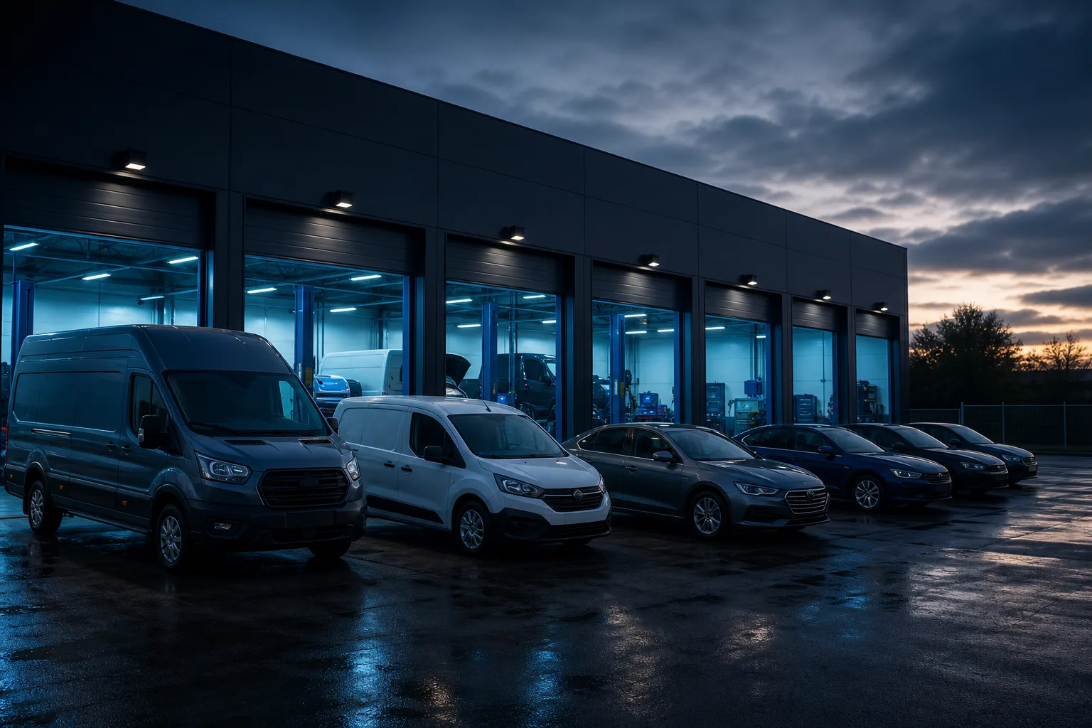 Fleet vehicles lined up for predictive diagnostics at ontogenetix workshop, 1200x800