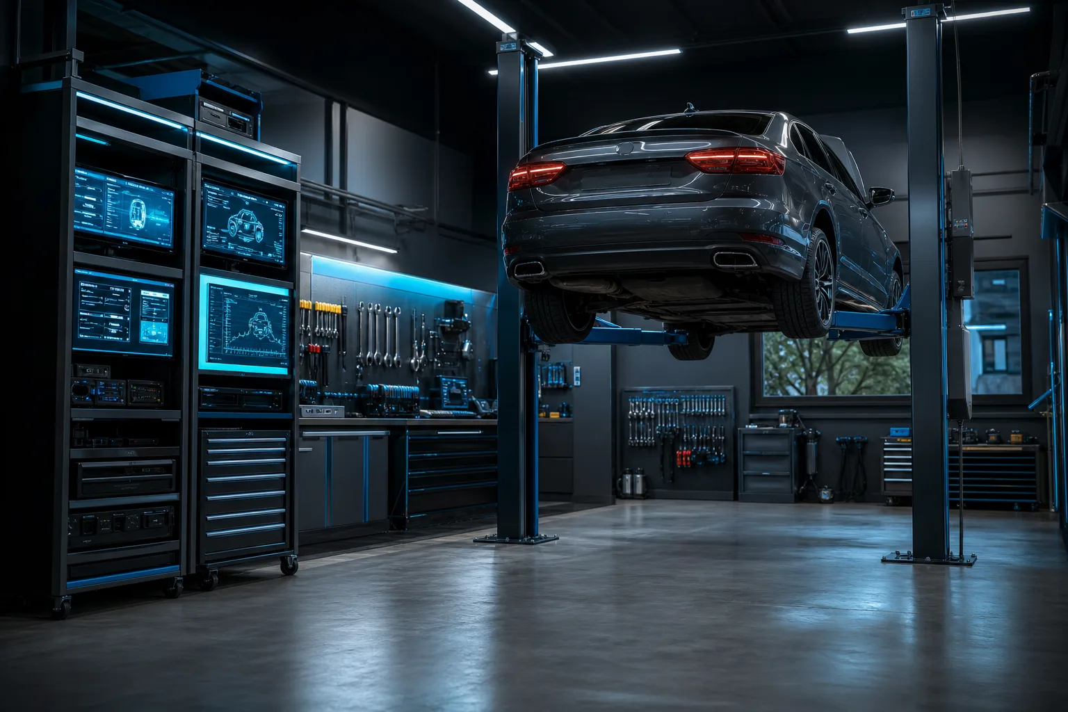 Early ontogenetix workshop bay with diagnostic equipment and vehicle on lift, 1200x800