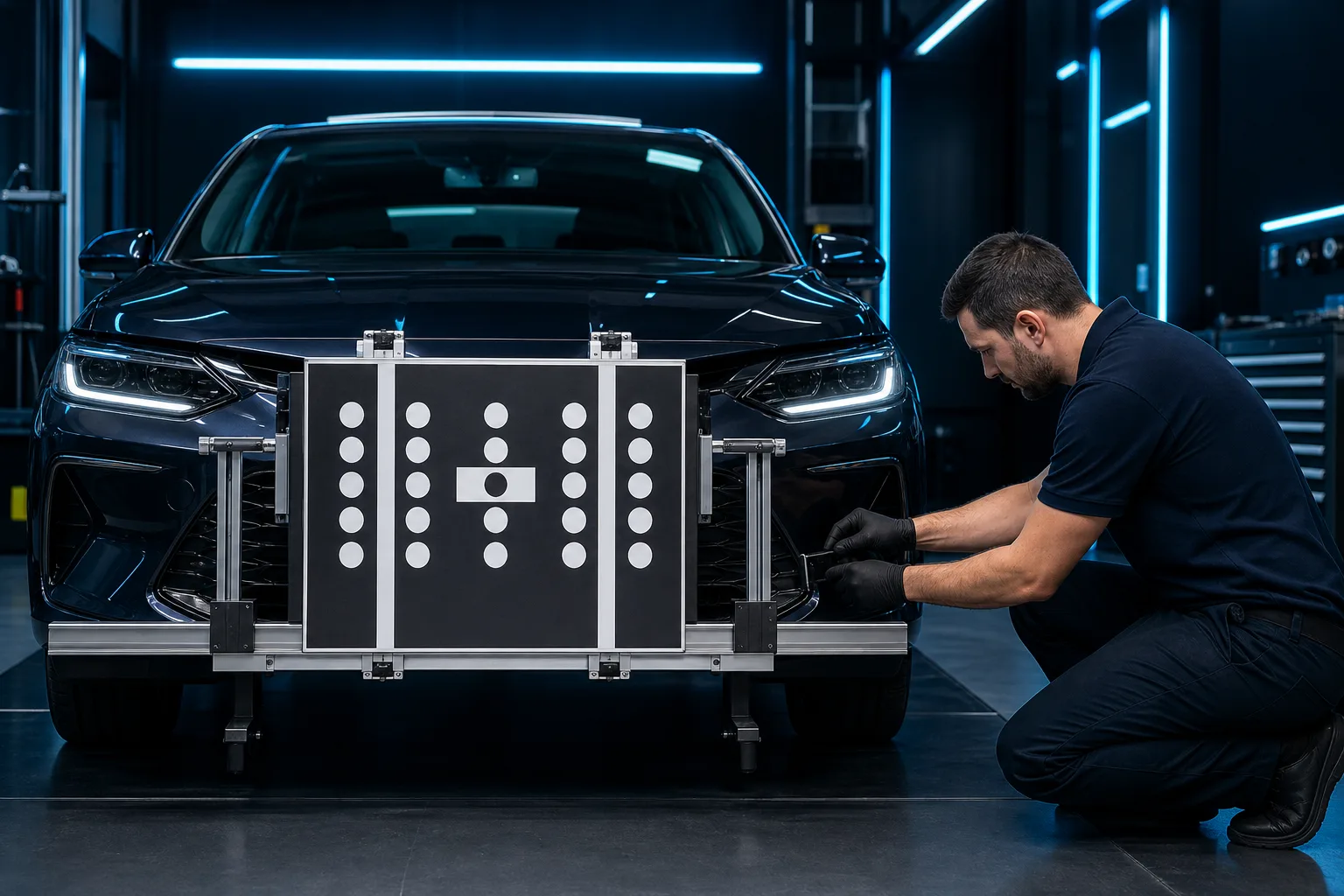 Radar sensor calibration target setup on vehicle front grille, 1200x675