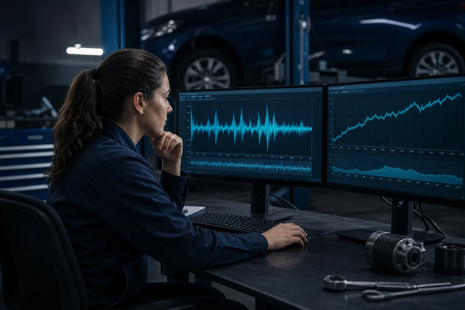 Technician reviewing indirect wear signal charts on monitor, 1200x675