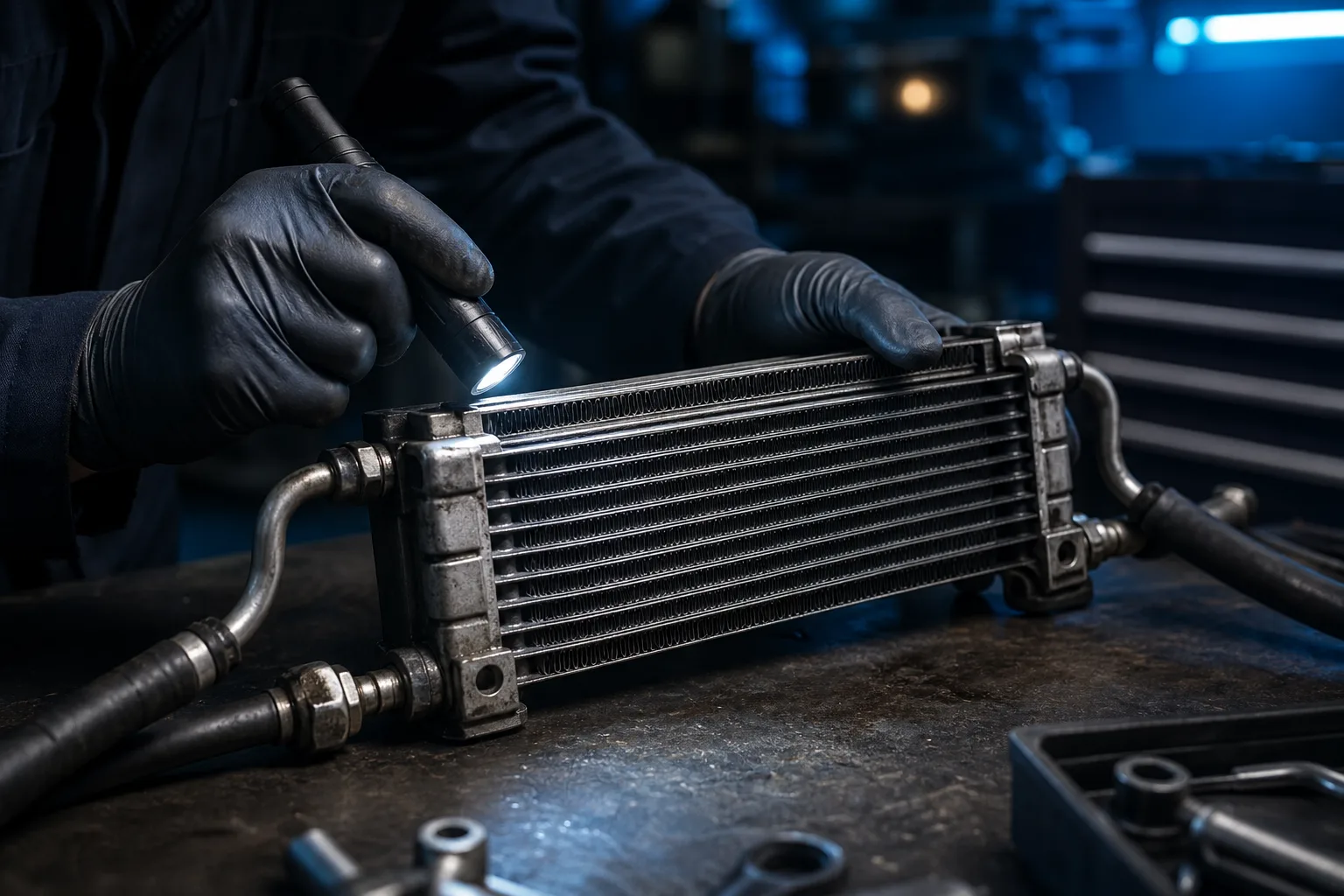 Automatic transmission oil cooler unit being inspected on workbench, 1200x675