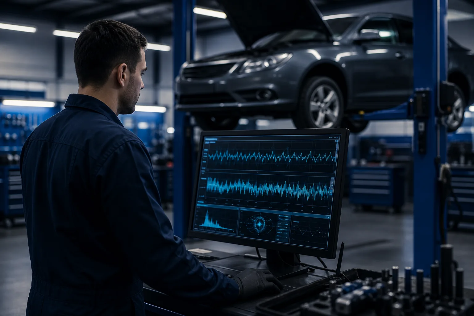Technician analyzing vehicle wear data on diagnostic screen, workshop background, 1920x1080